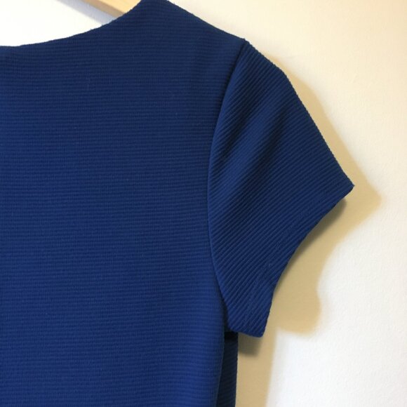 Blue Cap Sleeve Horizontal Ribbed Fit & Flare Dress - Picture 8 of 16